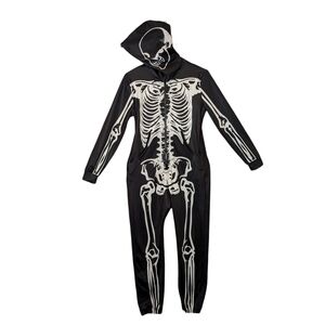 Adult Skeleton Costume One Piece Halloween Black White Scary Zipper Hooded EUC
